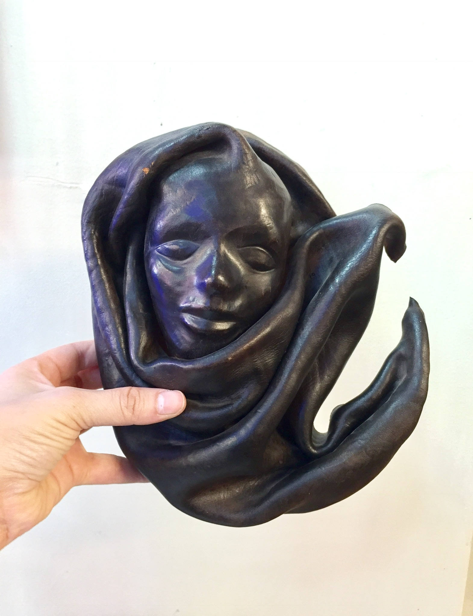 Haitian Sculptured Leather Molding | Vintage Leather Mask | Woman's Face | Tribal Ethnic Leather Tooled Mask | Dark Leather Wall Mask | Home