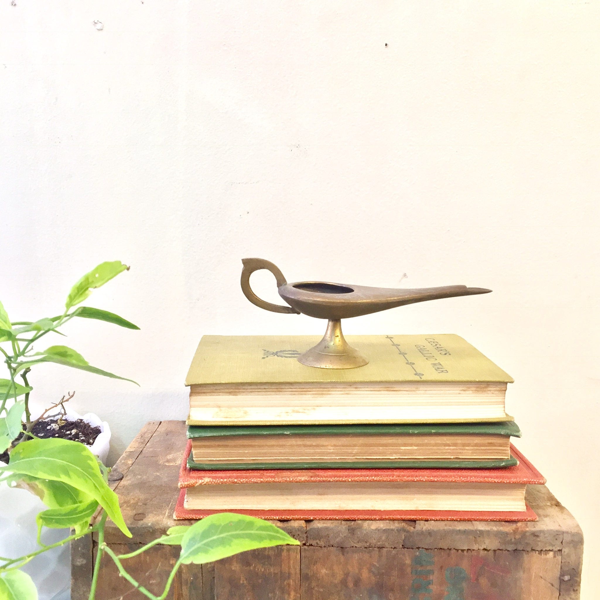 Vintage brass genie lamp incense burner atop stack of antique books next to green plant