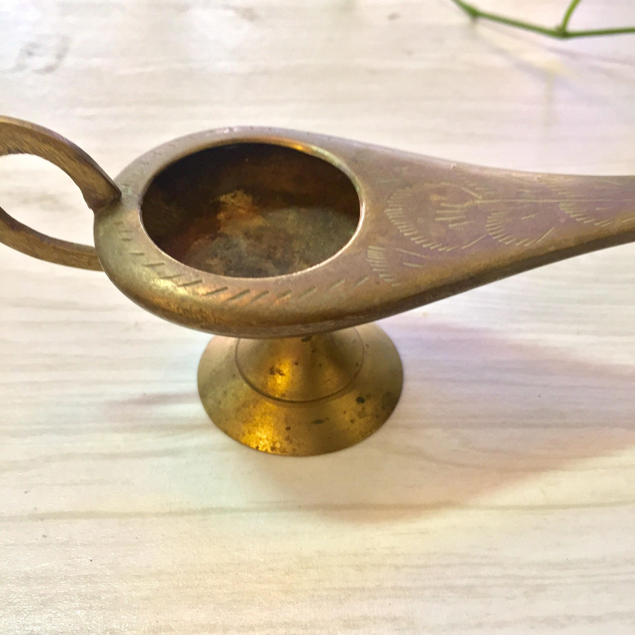 Vintage brass genie lamp incense burner with etched design, used as oil pitcher or home decor gift idea