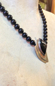 Art Deco Necklace, Beaded Necklace, Sterling Silver, Vintage Necklace, Black Onyx Beads, Art Deco Jewelry, Statement Necklace, Black Jewelry