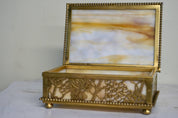 Tiffany Studios Box Jewelry Box Grapevine Pattern Caramel Slag Glass 1900s Brown Metalwork Art Nouveau Era Signed Gilt Bronze Antique Vanity