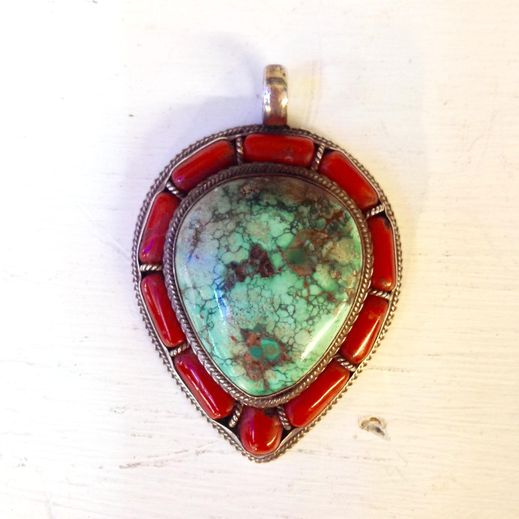 Vintage Turquoise Pendant | Vintage Silver Turquoise | Coral Turquoise Pendant | Sterling Silver Pendant | Vintage Necklace Pendant