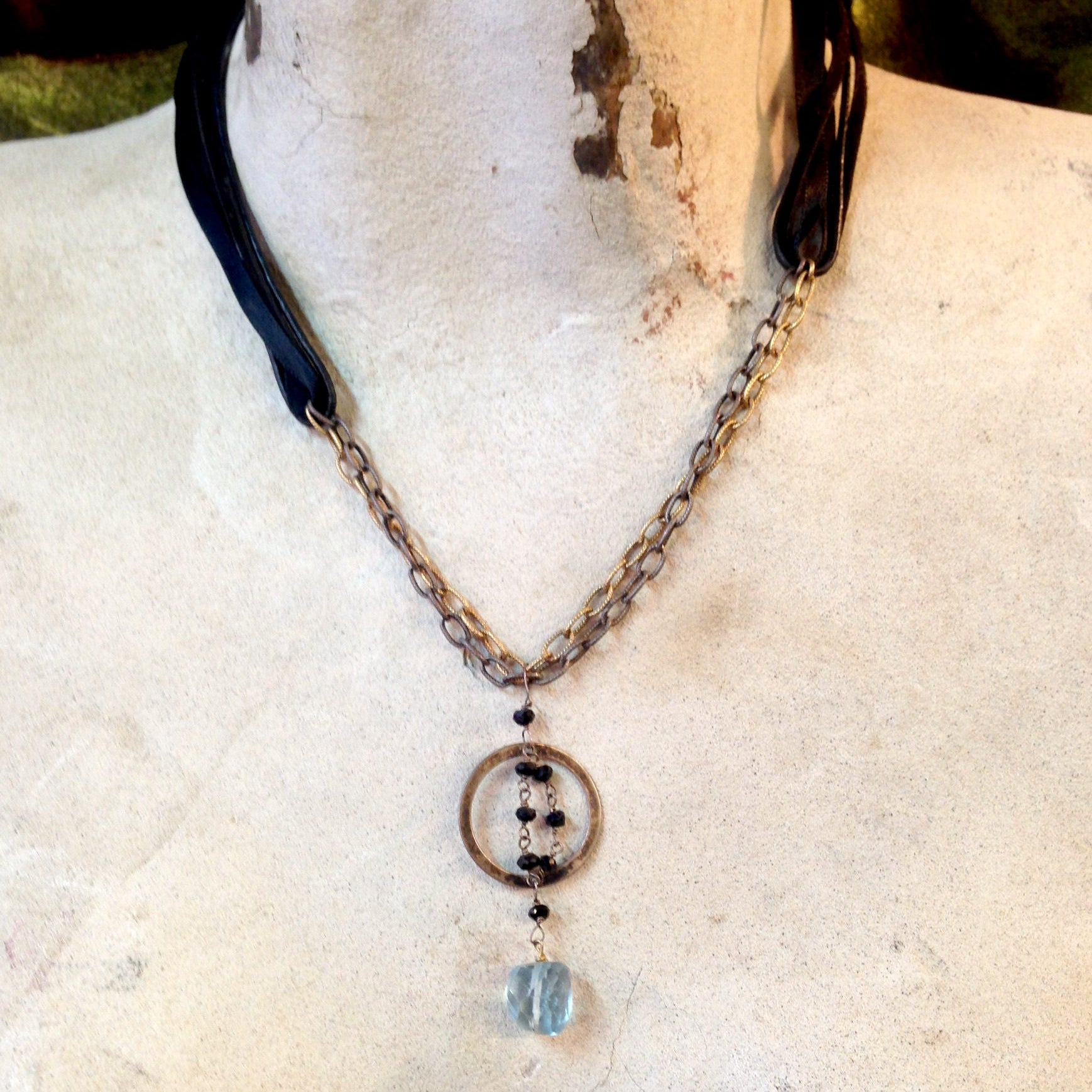 Vintage Leather Necklace with Sterling Silver and Aquamarine Stone | Vintage Choker | Leather Choker with Black Beads | Black Onyx | Gift