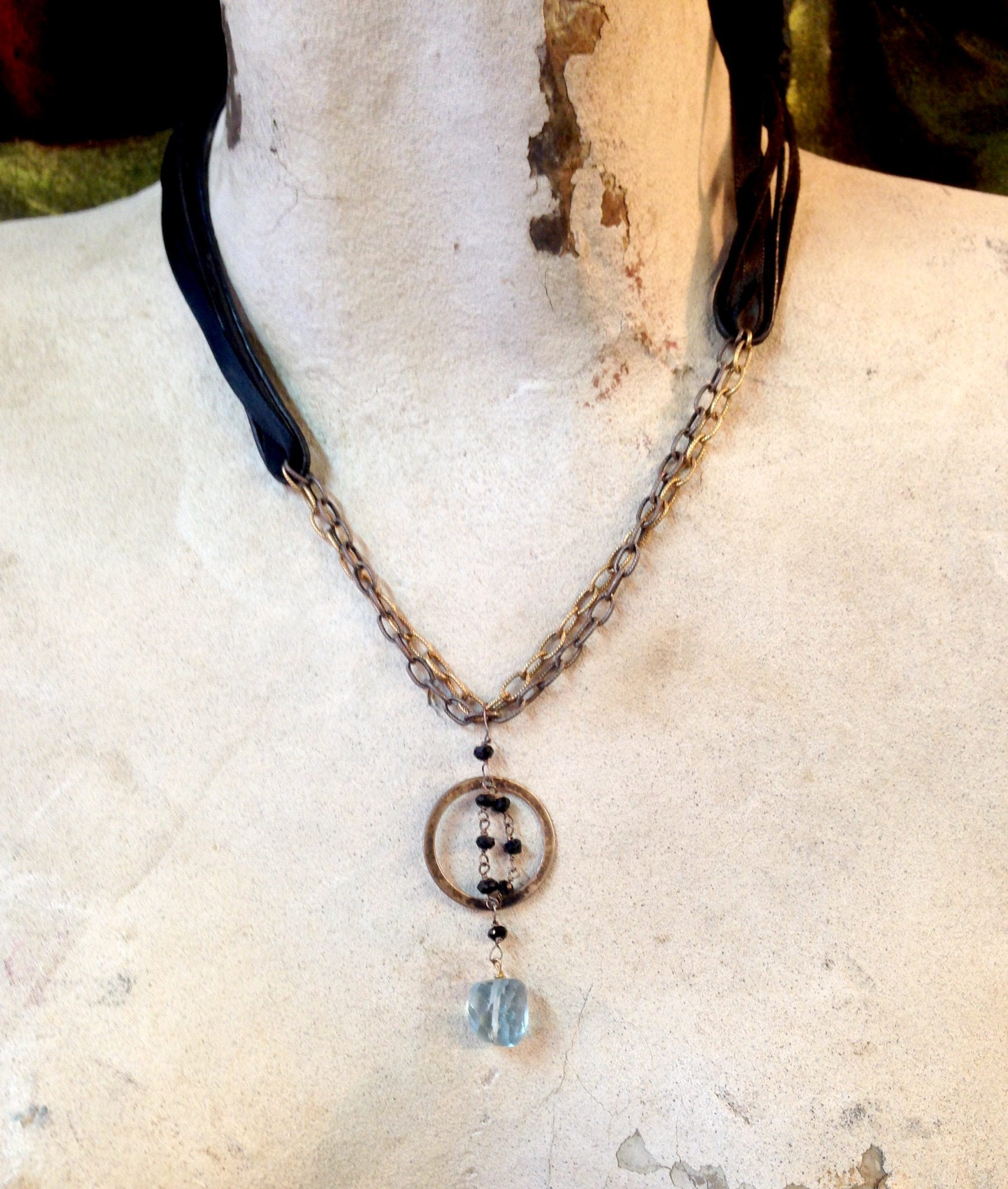 Vintage Leather Necklace with Sterling Silver and Aquamarine Stone | Vintage Choker | Leather Choker with Black Beads | Black Onyx | Gift