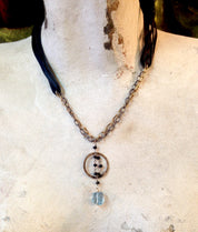 Vintage Leather Necklace with Sterling Silver and Aquamarine Stone | Vintage Choker | Leather Choker with Black Beads | Black Onyx | Gift