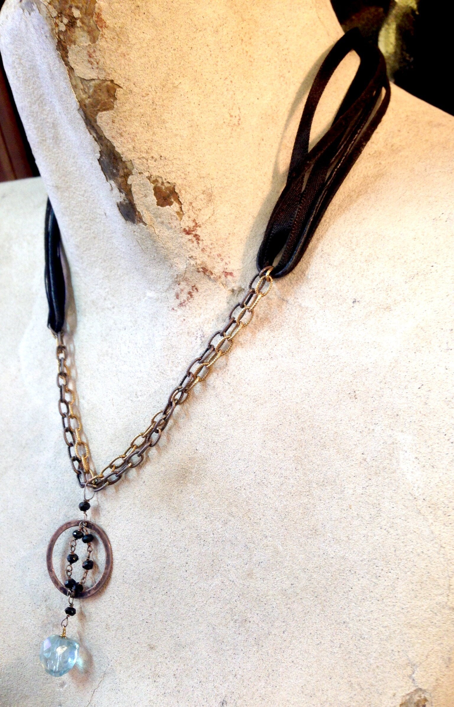 Vintage Leather Necklace with Sterling Silver and Aquamarine Stone | Vintage Choker | Leather Choker with Black Beads | Black Onyx | Gift