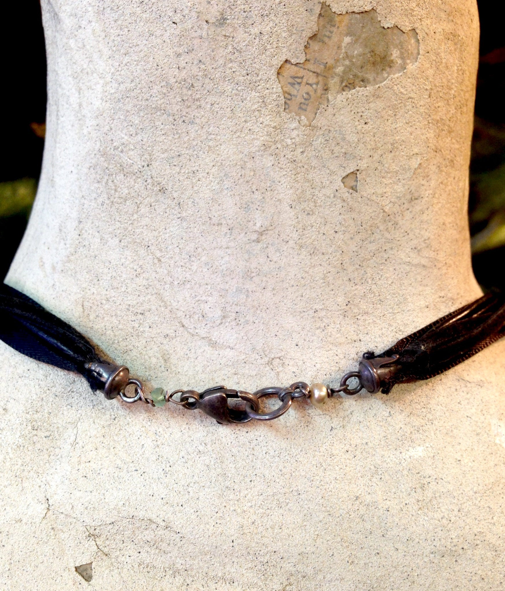 Vintage Leather Necklace with Sterling Silver and Aquamarine Stone | Vintage Choker | Leather Choker with Black Beads | Black Onyx | Gift