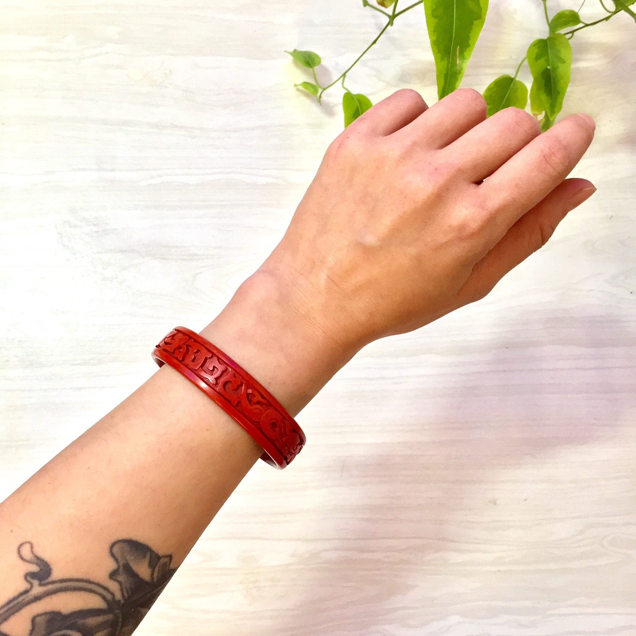 Carved Red Cinnabar Bangle Bracelet | Asian Carved Cinnabar | Vintage Jewelry | Cinnabar | Carved Bracelet | Carved Dragon Bracelet | Gift