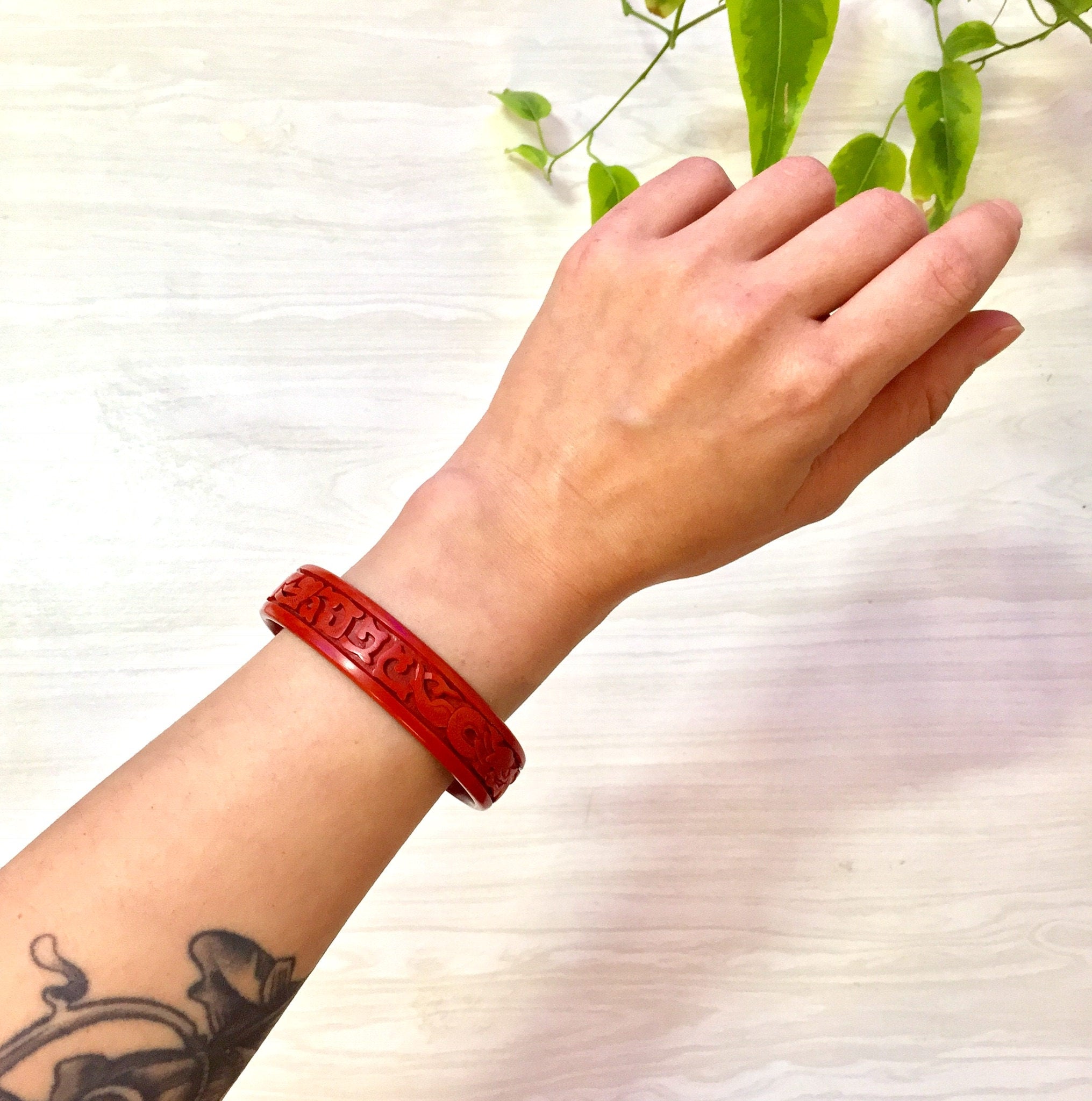 Carved Red Cinnabar Bangle Bracelet | Asian Carved Cinnabar | Vintage Jewelry | Cinnabar | Carved Bracelet | Carved Dragon Bracelet | Gift