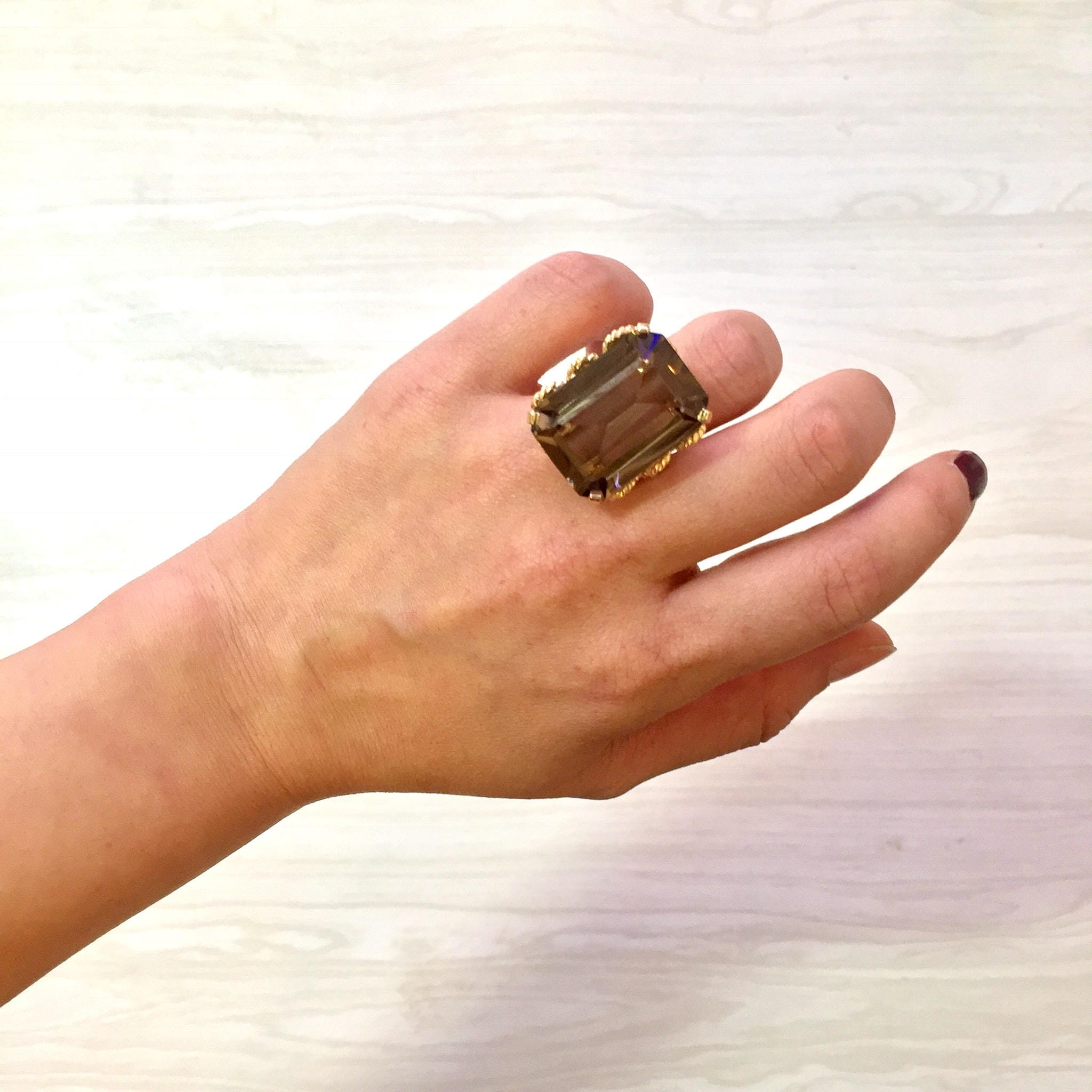 14 Karat Yellow Gold Smoky Quartz Ring | Emerald Cut Smoky Quartz | Statement Jewelry | Cocktail Ring | Yellow Gold | 14K | Size 7 US | Gift