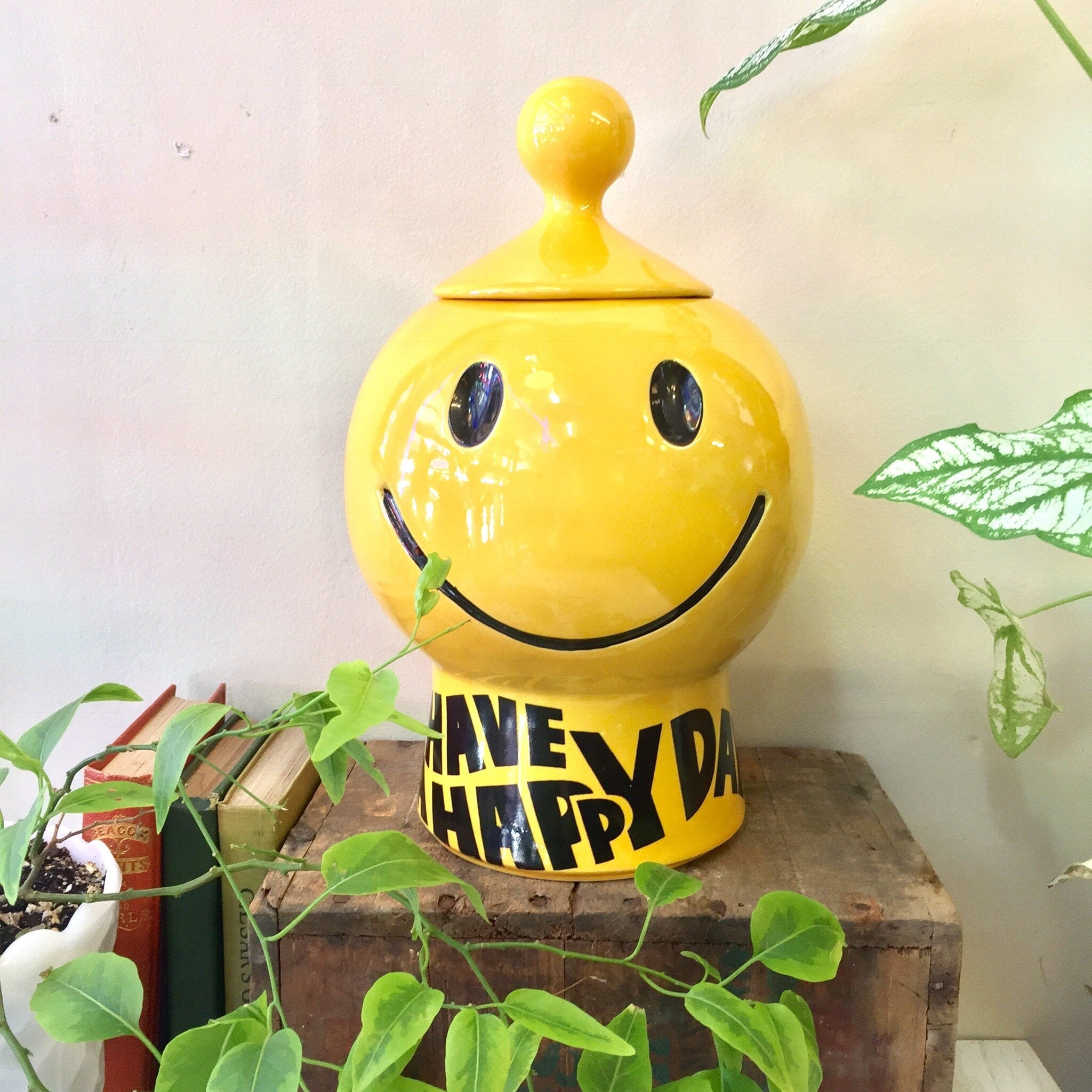 Vintage McCoy Smiley Face Cookie Jar | Have A Happy Day Cookie Jar | Retro Kitchen | Cookie Jar | 1970's | Kitchen Storage | Ceramic |