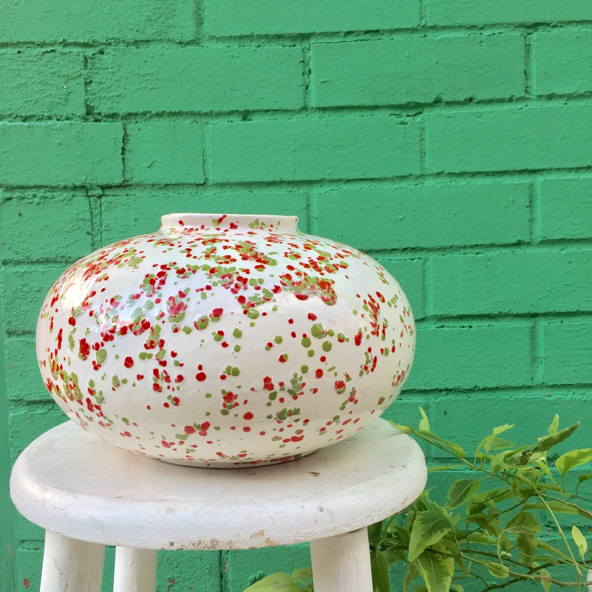 Splatterware | Vintage Pottery | 60's | Home Decor | Planter | Ceramic | Glazed | Polka Dots | Orange and Green | mcm | mid century modern