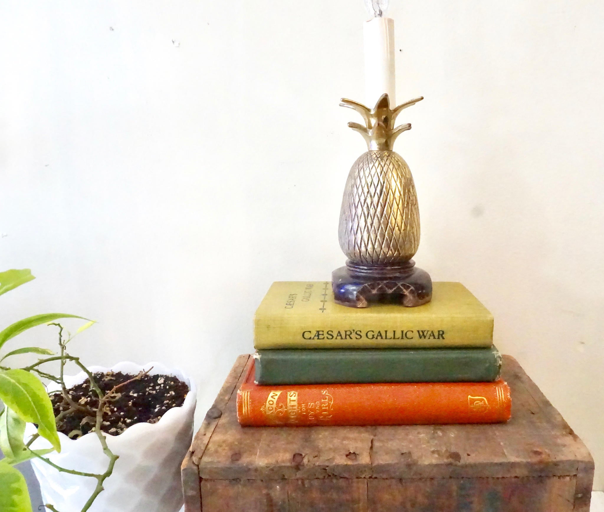 Brass pineapple lamp on vintage books, boho home decor accent lighting