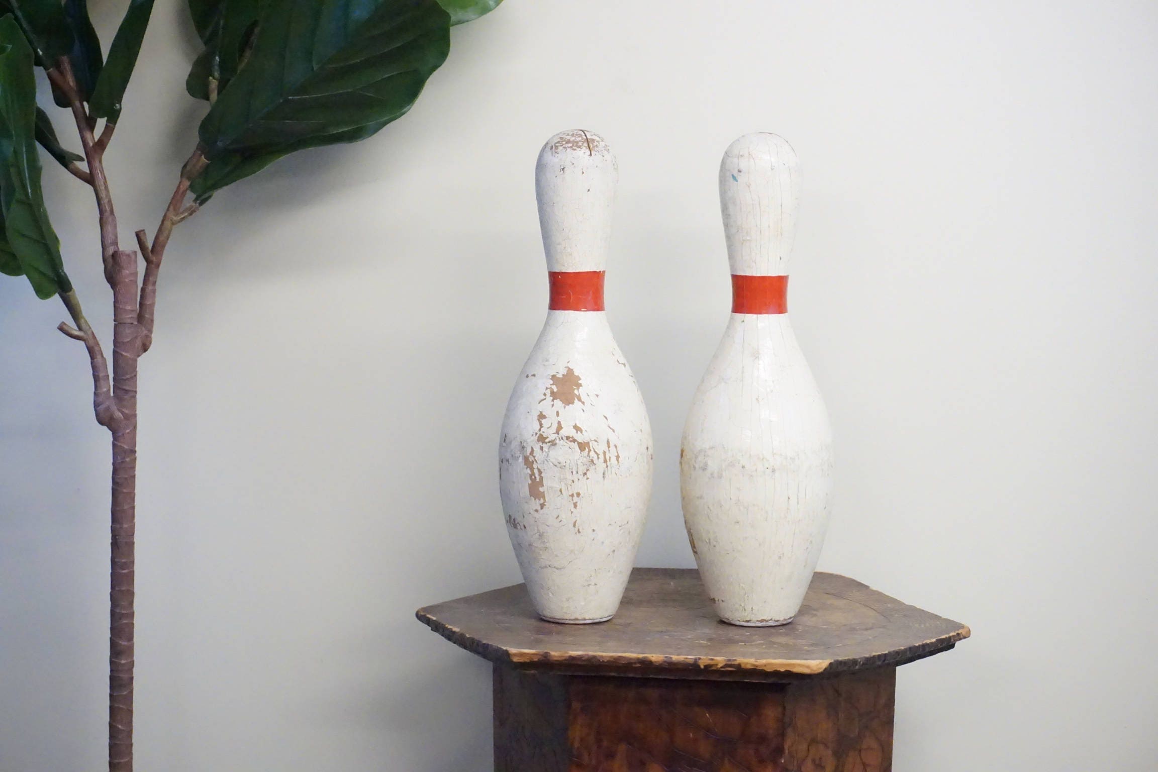 Vintage White Wooden Bowling Pins | Vintage Home Decor | Bowling Pins | Set of Two | Vintage Game | Rustic Decor | Shabby Chic Decor |
