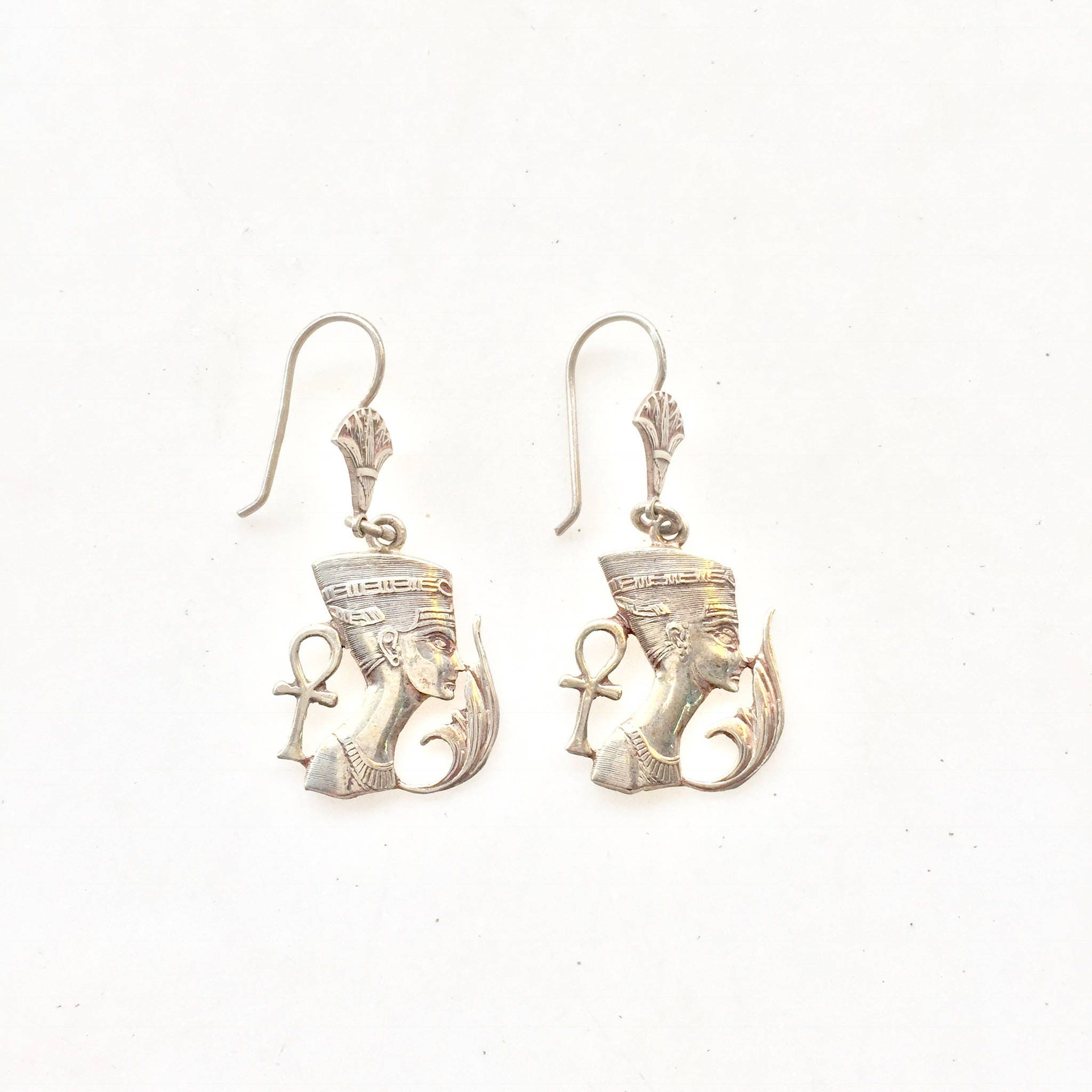 Sterling Silver Nefertiti Earrings | Ancient Egypt | Queen Nefertiti | Vintage Jewelry | Egyptian Revival | Ankh Earrings |