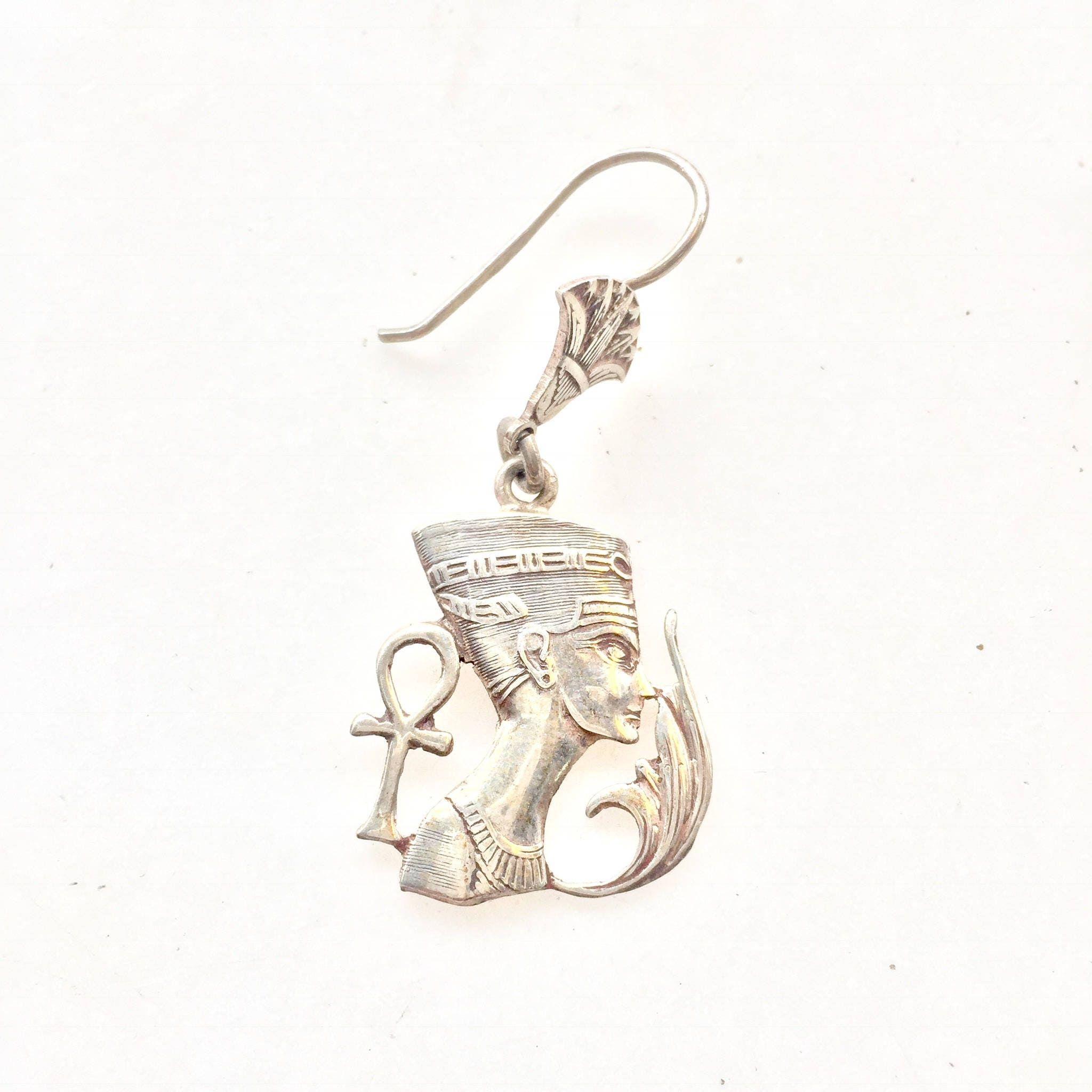 Sterling Silver Nefertiti Earrings | Ancient Egypt | Queen Nefertiti | Vintage Jewelry | Egyptian Revival | Ankh Earrings |
