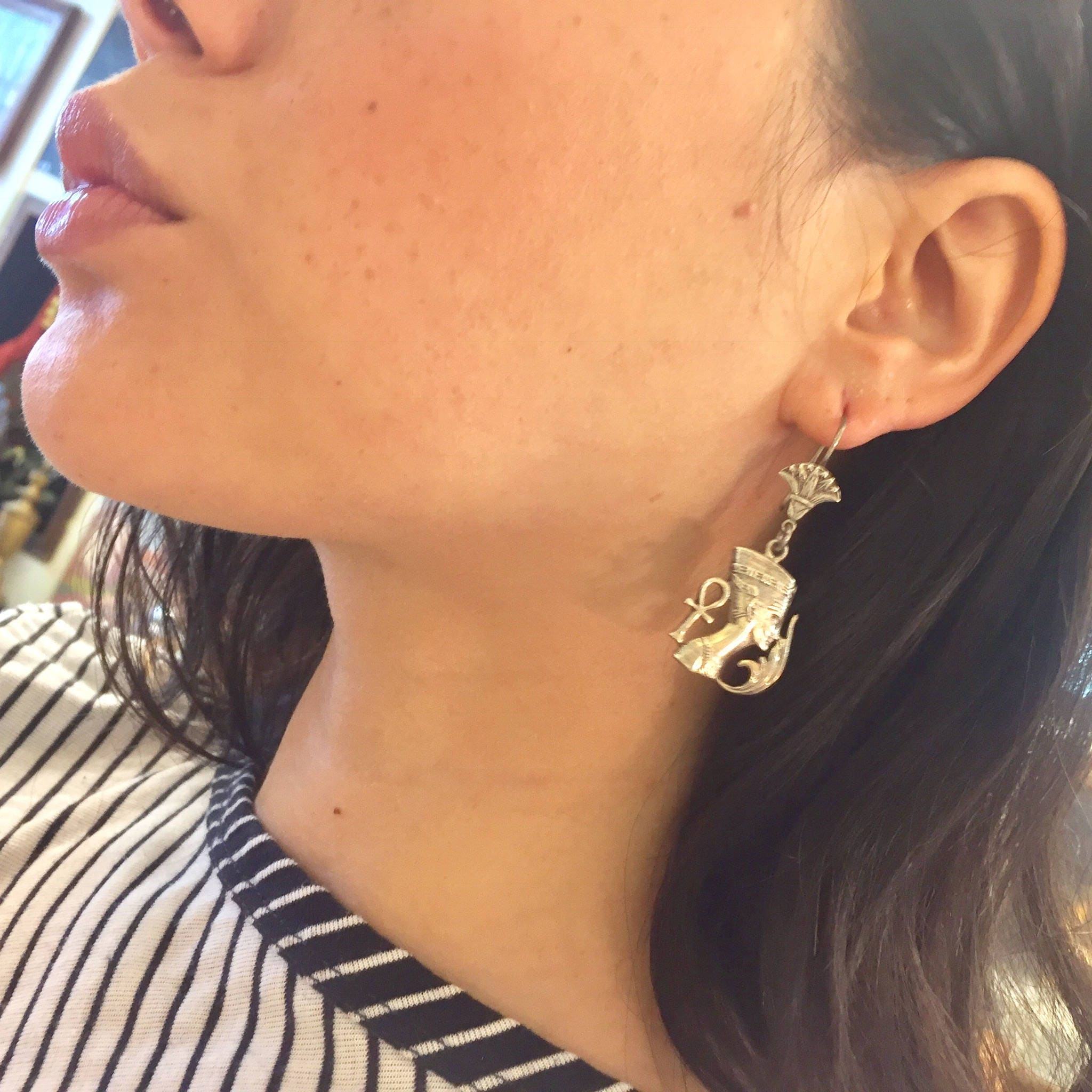 Sterling Silver Nefertiti Earrings | Ancient Egypt | Queen Nefertiti | Vintage Jewelry | Egyptian Revival | Ankh Earrings |
