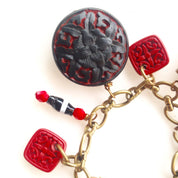 Vintage Charm Bracelet | Brass Charm Bracelet | Cinnabar Charm | Black and Red | Link Bracelet | Asian Charm Bracelet | Vintage Jewelry |