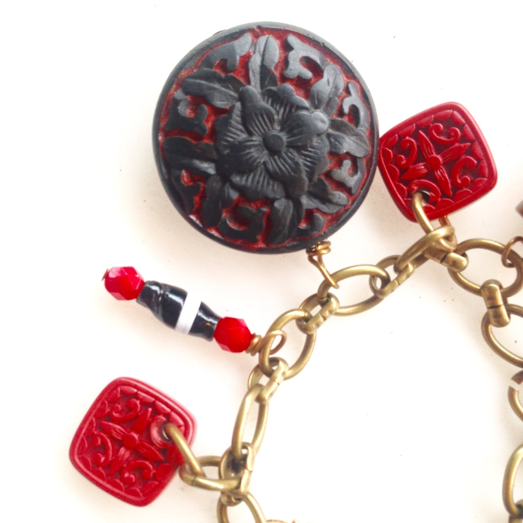 Vintage Charm Bracelet | Brass Charm Bracelet | Cinnabar Charm | Black and Red | Link Bracelet | Asian Charm Bracelet | Vintage Jewelry |