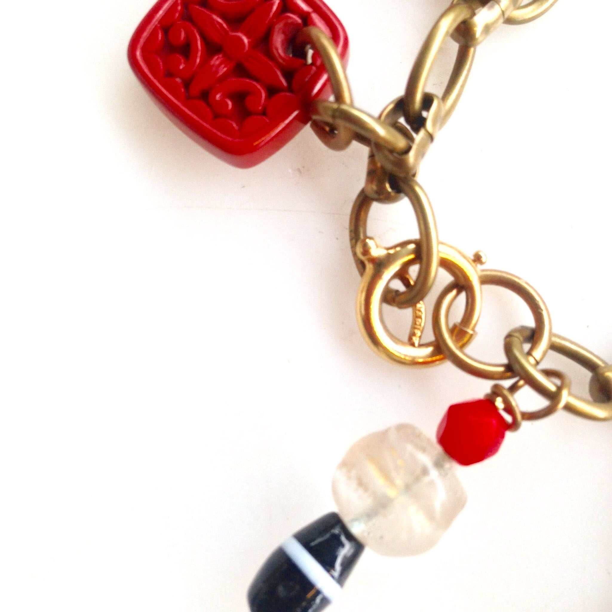 Vintage Charm Bracelet | Brass Charm Bracelet | Cinnabar Charm | Black and Red | Link Bracelet | Asian Charm Bracelet | Vintage Jewelry |