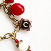 Vintage Charm Bracelet | Brass Charm Bracelet | Cinnabar Charm | Black and Red | Link Bracelet | Asian Charm Bracelet | Vintage Jewelry |