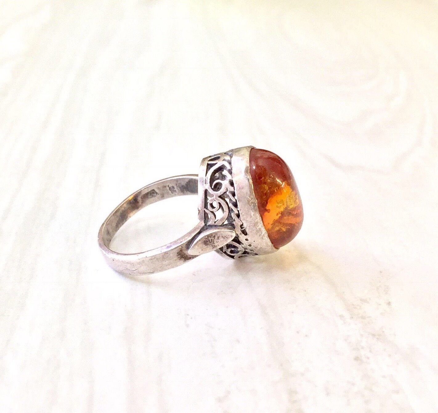 Sterling Silver and Amber Ring with Filagree Setting | Amber Jewelry | Vintage Ring | Statement Ring | Vintage Jewelry | Filagree Jewelry