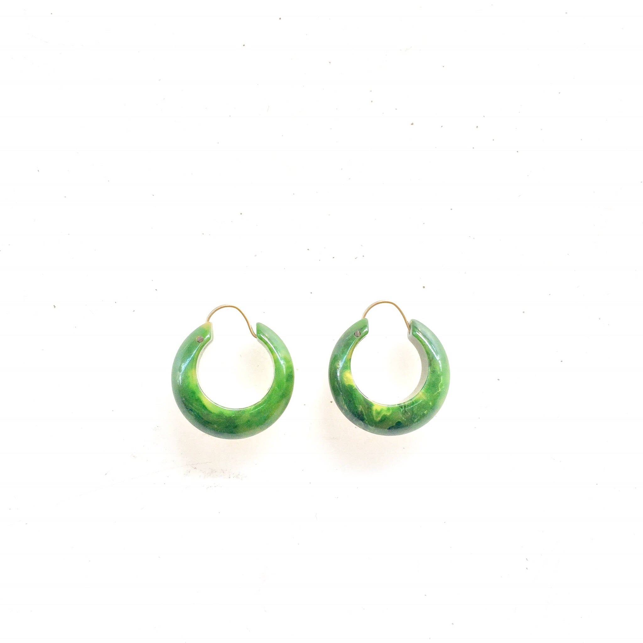 Vintage Green Bakelite Earrings | Creamed Spinach Bakelite | Marbled Apple Swirl | 1950s | Art Deco | Pierced Ears | hoop | Jewelry