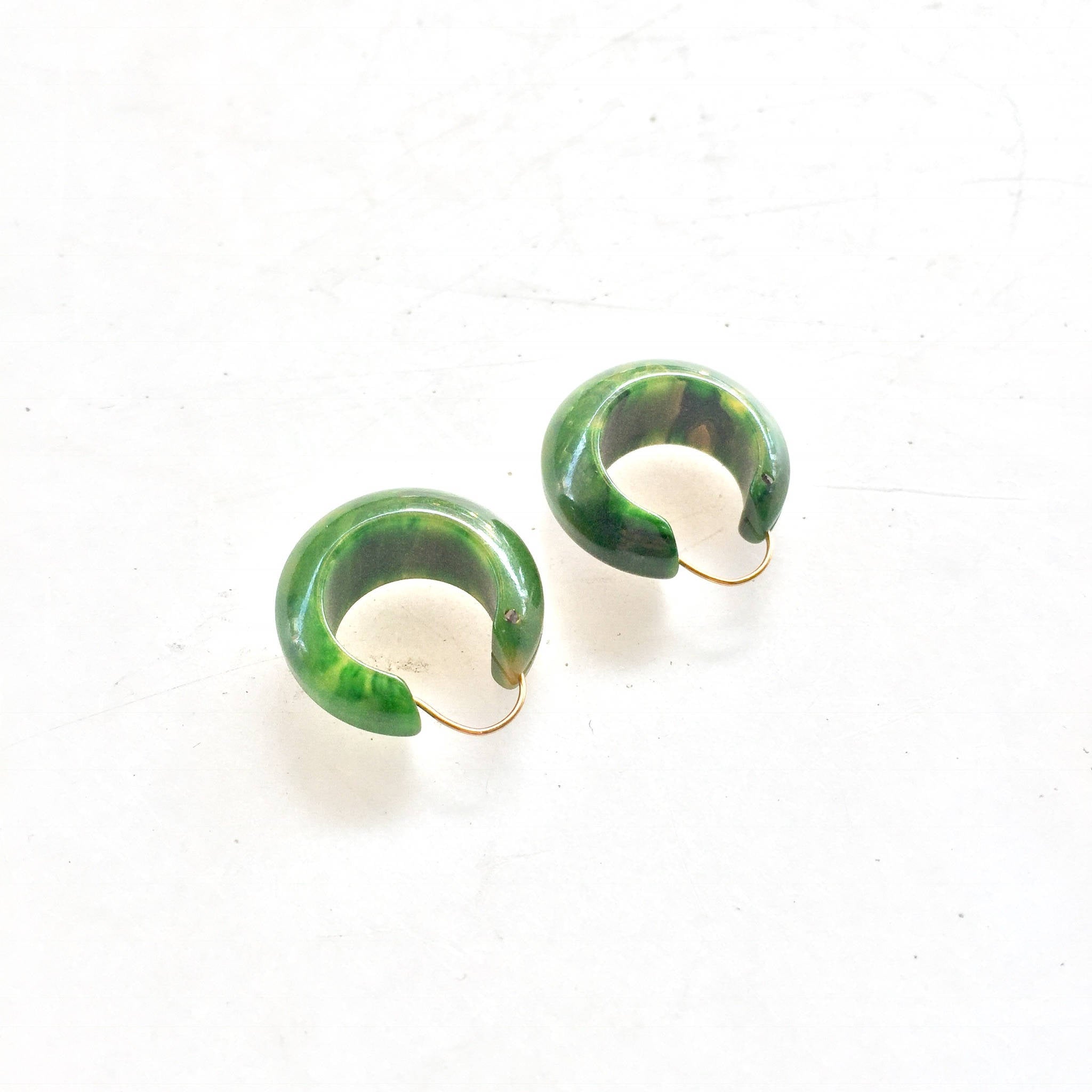 Vintage Green Bakelite Earrings | Creamed Spinach Bakelite | Marbled Apple Swirl | 1950s | Art Deco | Pierced Ears | hoop | Jewelry