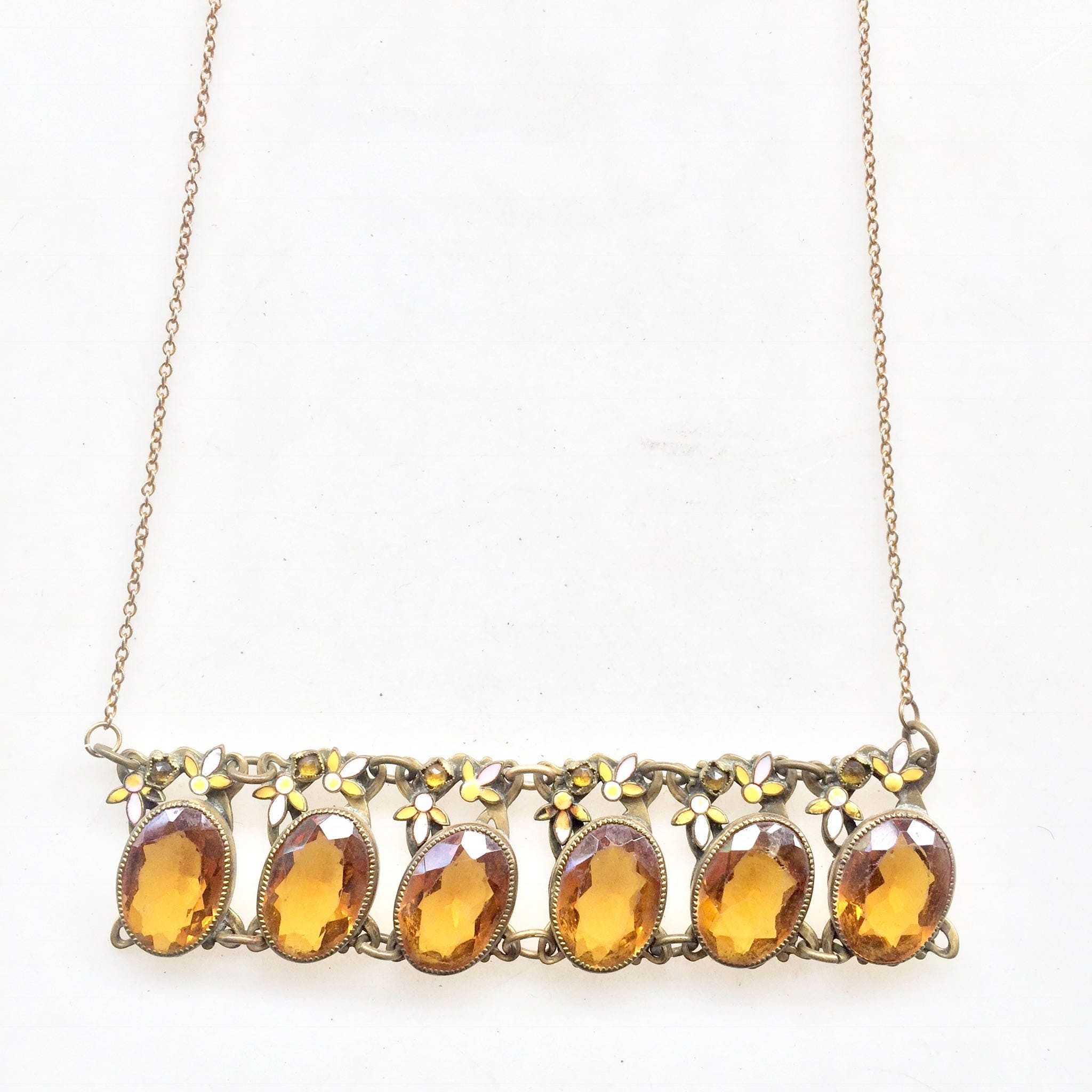 Citrine Necklace | Vintage Jewelry | Statement Necklace | Enamel | Amber Colored Citrine | Floral | Gold Toned | Antique | Victorian |