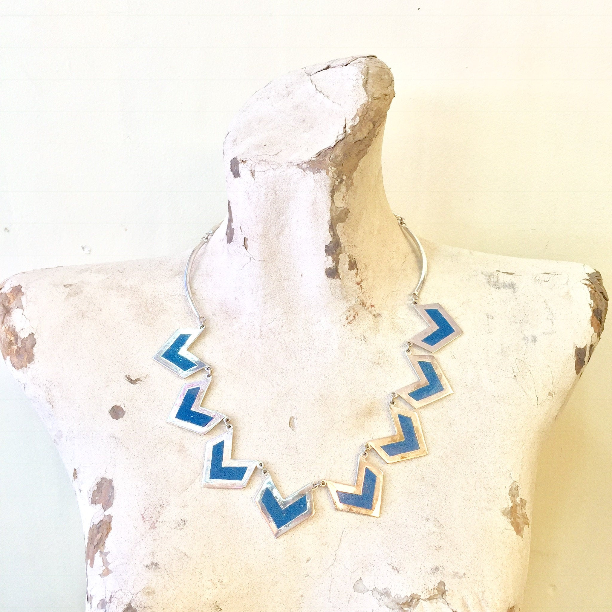 Turquoise and Sterling Silver Necklace | Inlaid Turquoise Necklace | Chevron Pattern Necklace | Statement Jewelry | Gift for Her | Blue |