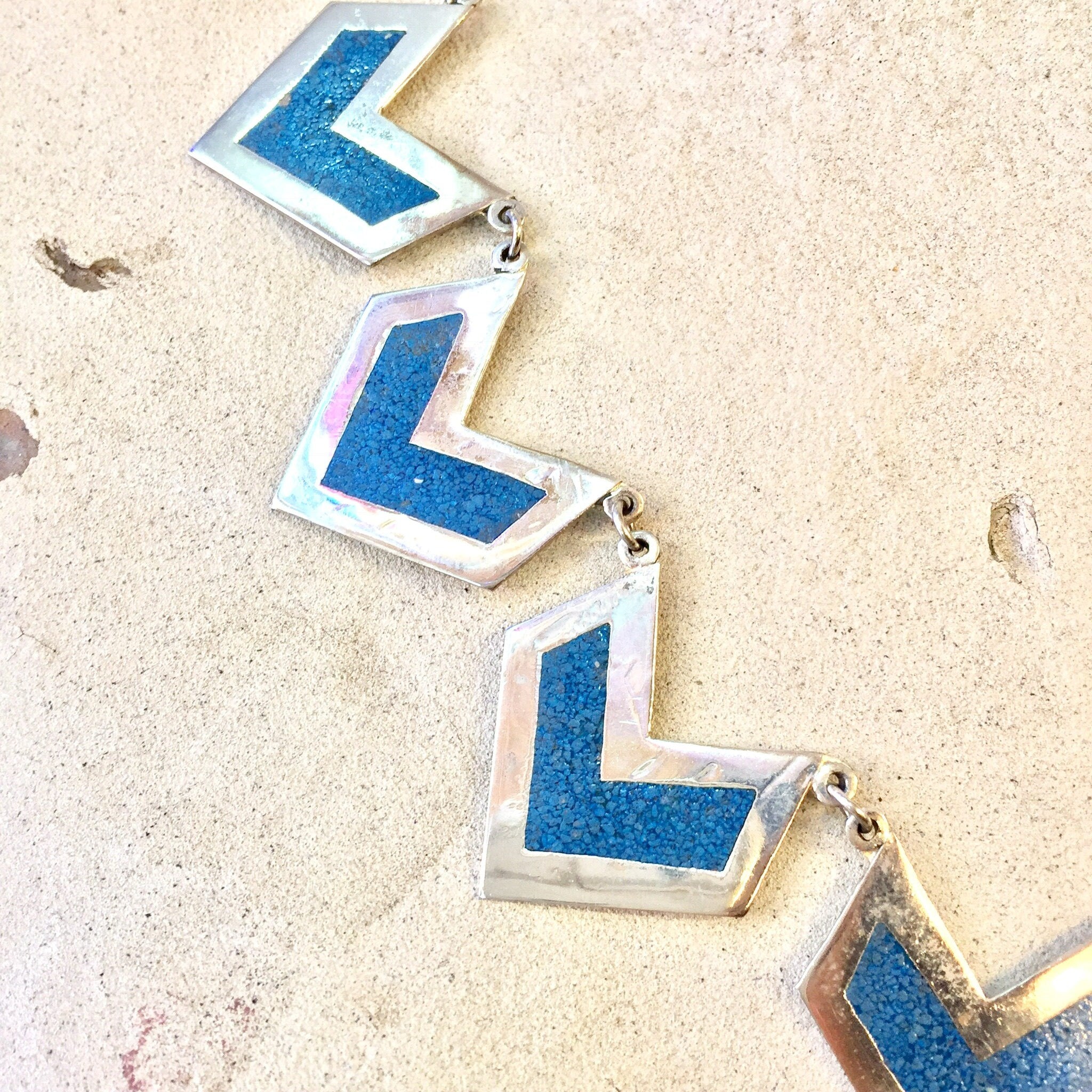 Turquoise and Sterling Silver Necklace | Inlaid Turquoise Necklace | Chevron Pattern Necklace | Statement Jewelry | Gift for Her | Blue |