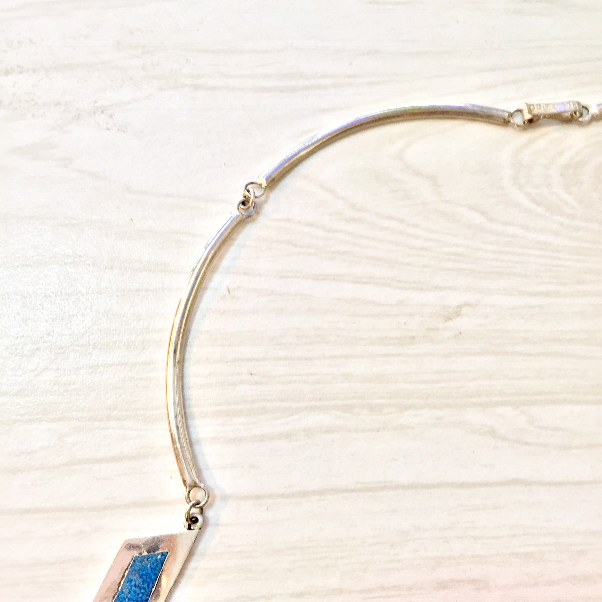 Turquoise and Sterling Silver Necklace | Inlaid Turquoise Necklace | Chevron Pattern Necklace | Statement Jewelry | Gift for Her | Blue |