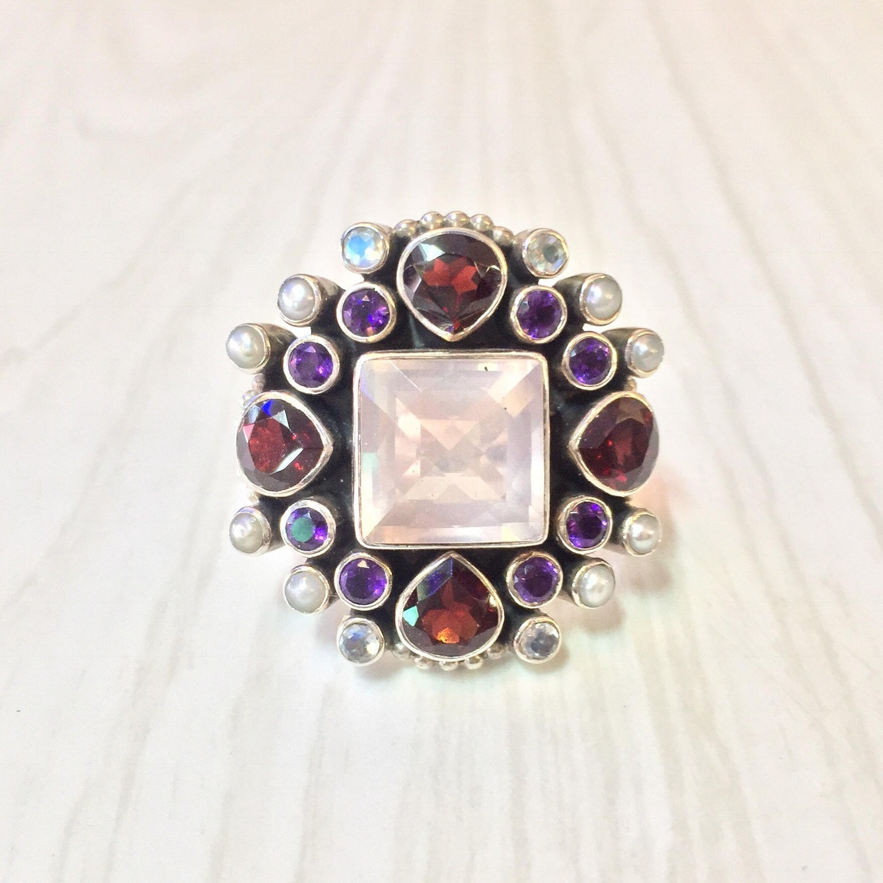 Large Multi Gemstone Vintage Designer Nicky Butler Sterling Silver Ring | Statement Ring | Vintage Designer Jewelry | Gift for Her | Garnet