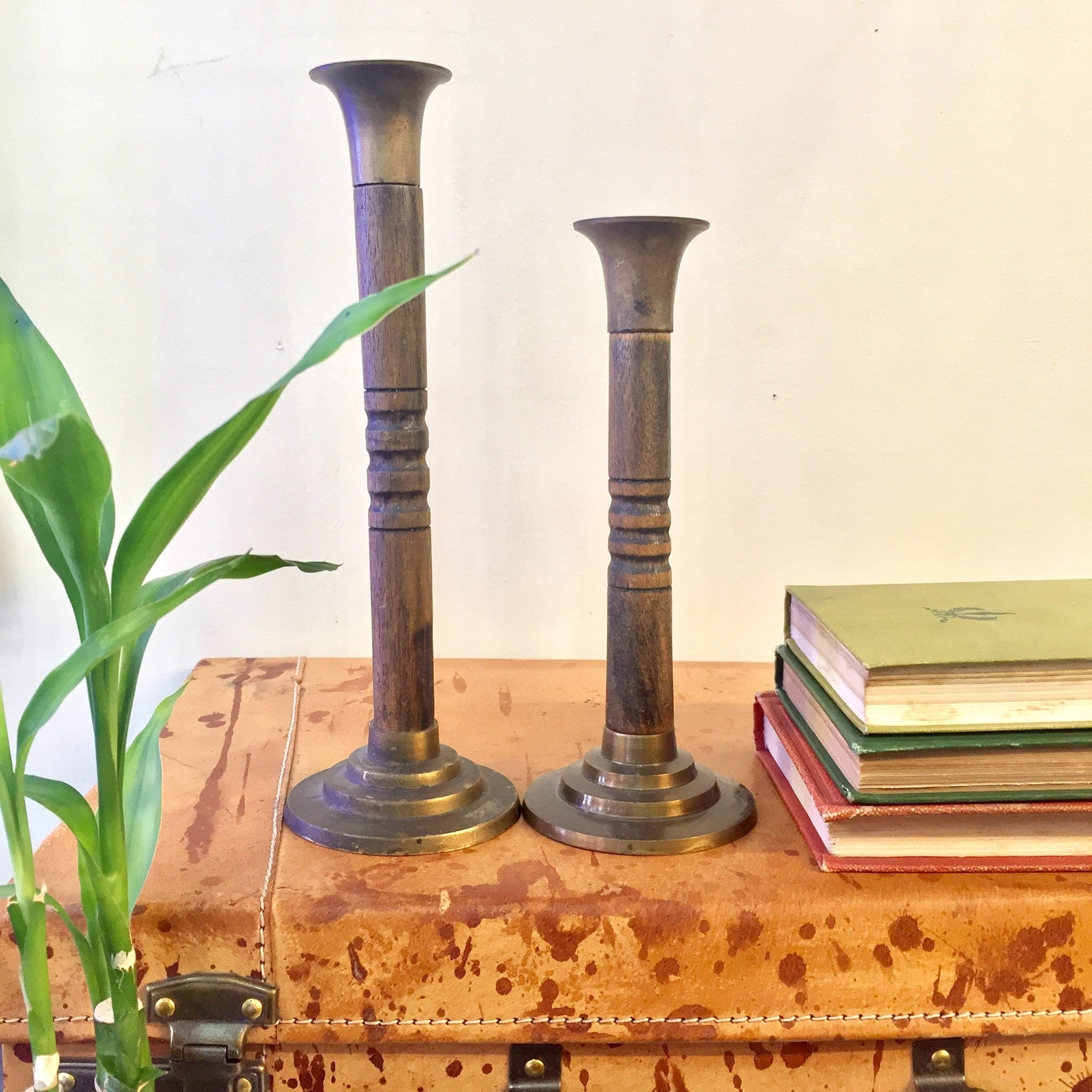 Brass and Wooden Candlestick Holders | Carved Wood Candlesticks | Brass | Vintage Home Decor | Boho Home | Bohemian Style | Candles | Gift