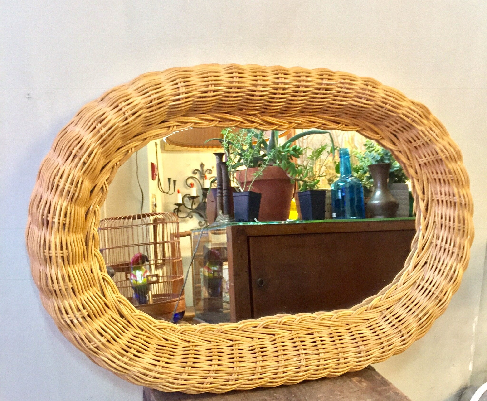 Vintage Wicker Mirror | Rattan Mirror | Oval Shaped Mirror | Bohemian Home | Boho Style | Beach House Decor | Vintage Home Decor | Gift Idea