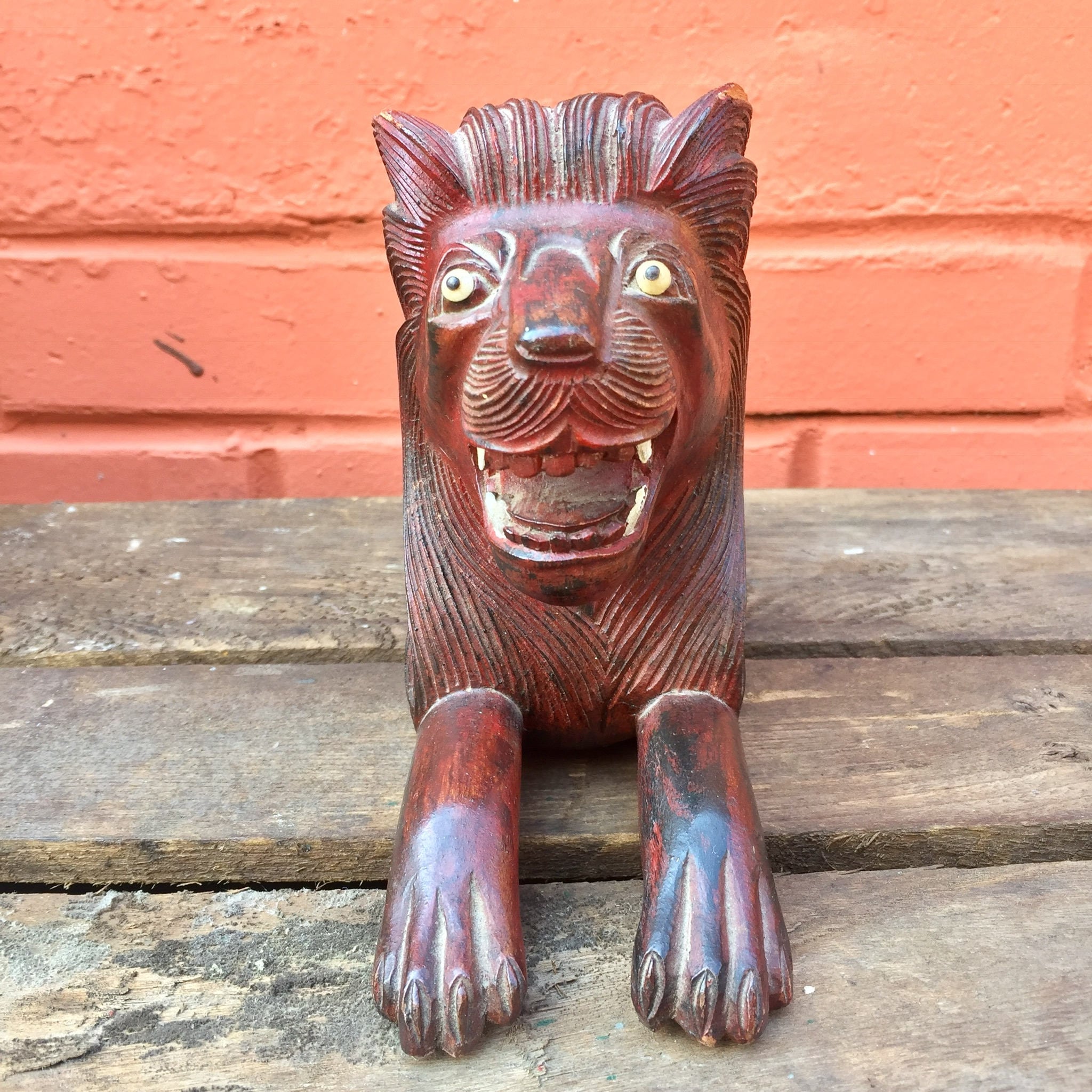 Carved Wooden Lion | Hand Carved Lion Figurine | Lion Statue | Wood Carving | Lion Sculpture | Vintage Decor | Asian Decor | Hand Crafted