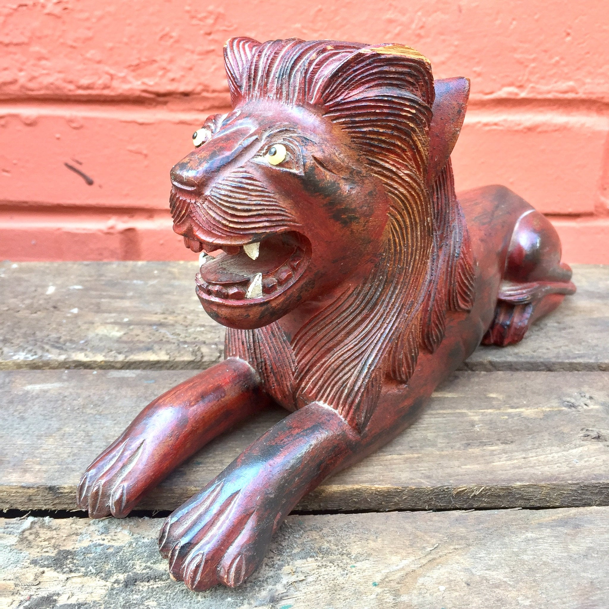 Carved Wooden Lion | Hand Carved Lion Figurine | Lion Statue | Wood Carving | Lion Sculpture | Vintage Decor | Asian Decor | Hand Crafted