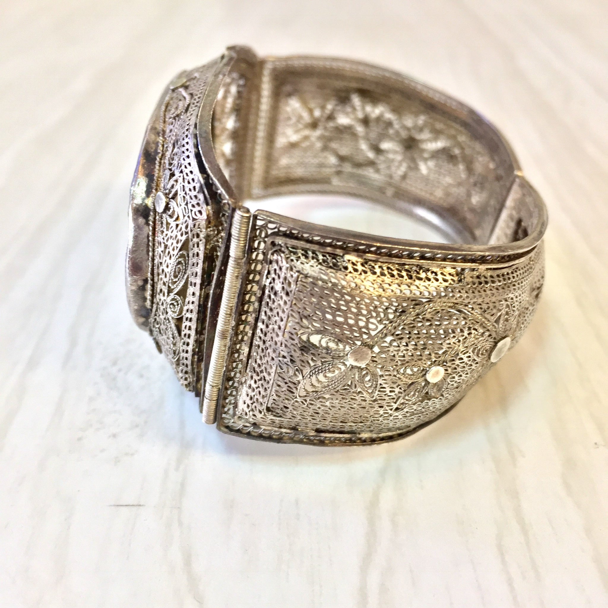 Antique Sterling Silver Chinese Carved Horn Bracelet | Hinged Filagree Bracelet | Scrimshaw Bracelet | Filagree Silver | Asian Jewelry |