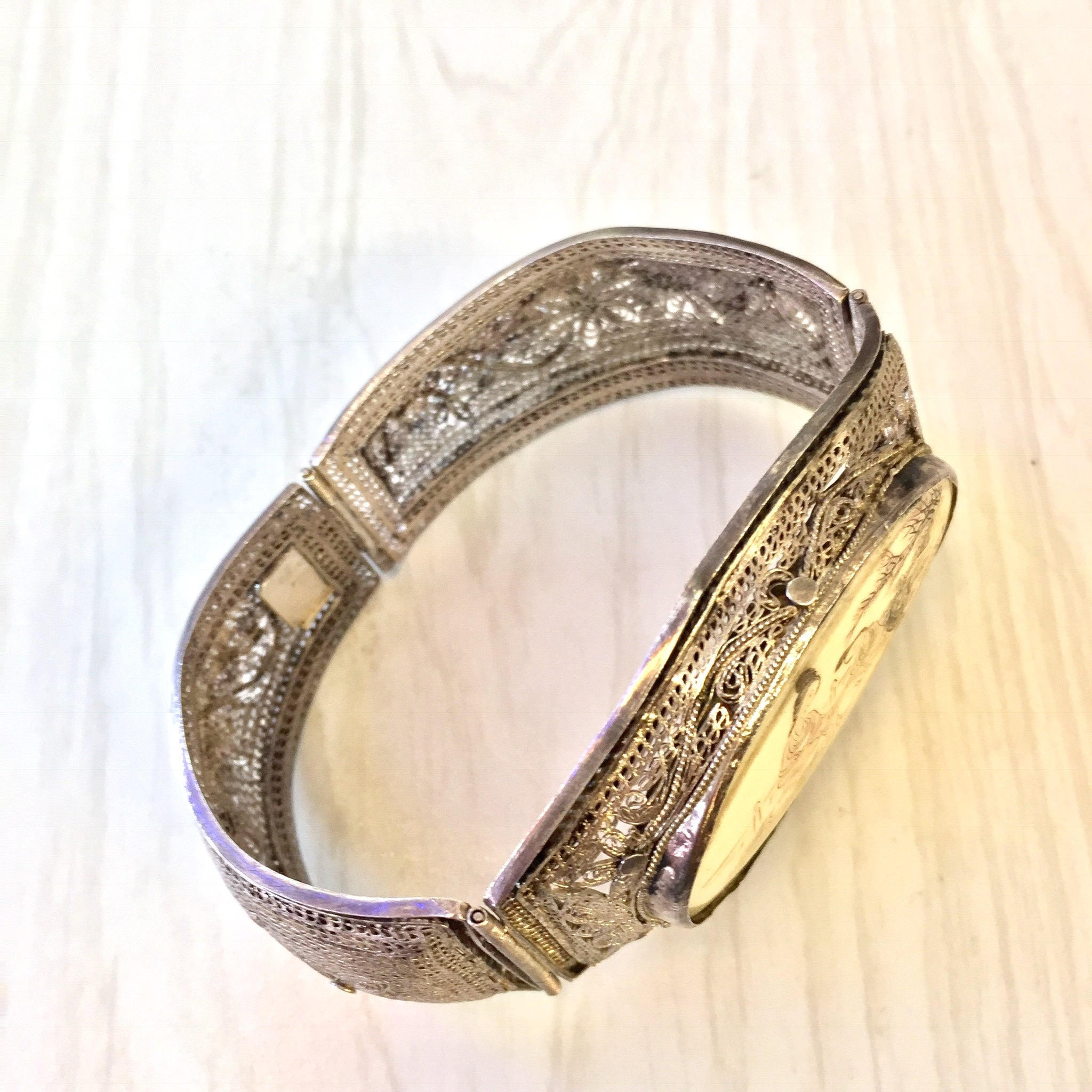 Antique Sterling Silver Chinese Carved Horn Bracelet | Hinged Filagree Bracelet | Scrimshaw Bracelet | Filagree Silver | Asian Jewelry |