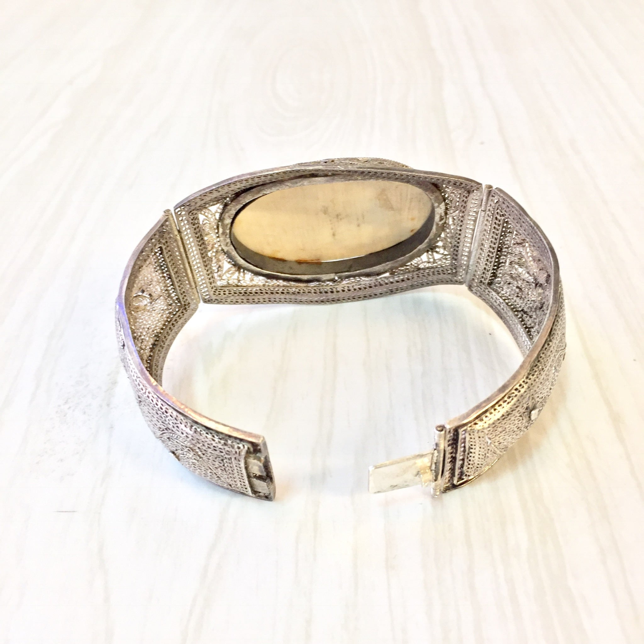 Antique Sterling Silver Chinese Carved Horn Bracelet | Hinged Filagree Bracelet | Scrimshaw Bracelet | Filagree Silver | Asian Jewelry |