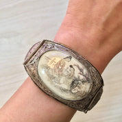 Antique Sterling Silver Chinese Carved Horn Bracelet | Hinged Filagree Bracelet | Scrimshaw Bracelet | Filagree Silver | Asian Jewelry |