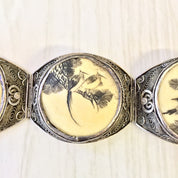 Antique Sterling Silver Filagree Bracelet with Carved Horn | Scrimshaw Bracelet | Hinged Bracelet | Chinese Jewelry | Floral Design | Birds