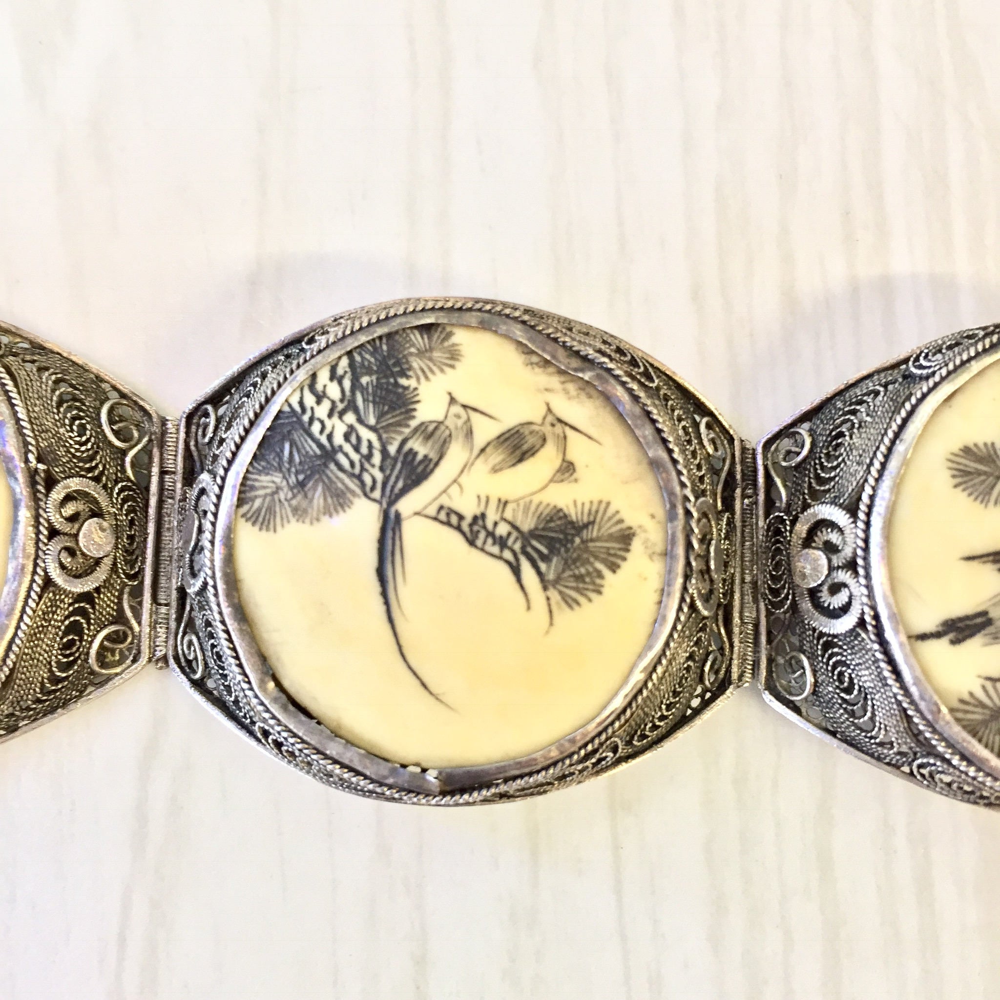 Antique Sterling Silver Filagree Bracelet with Carved Horn | Scrimshaw Bracelet | Hinged Bracelet | Chinese Jewelry | Floral Design | Birds