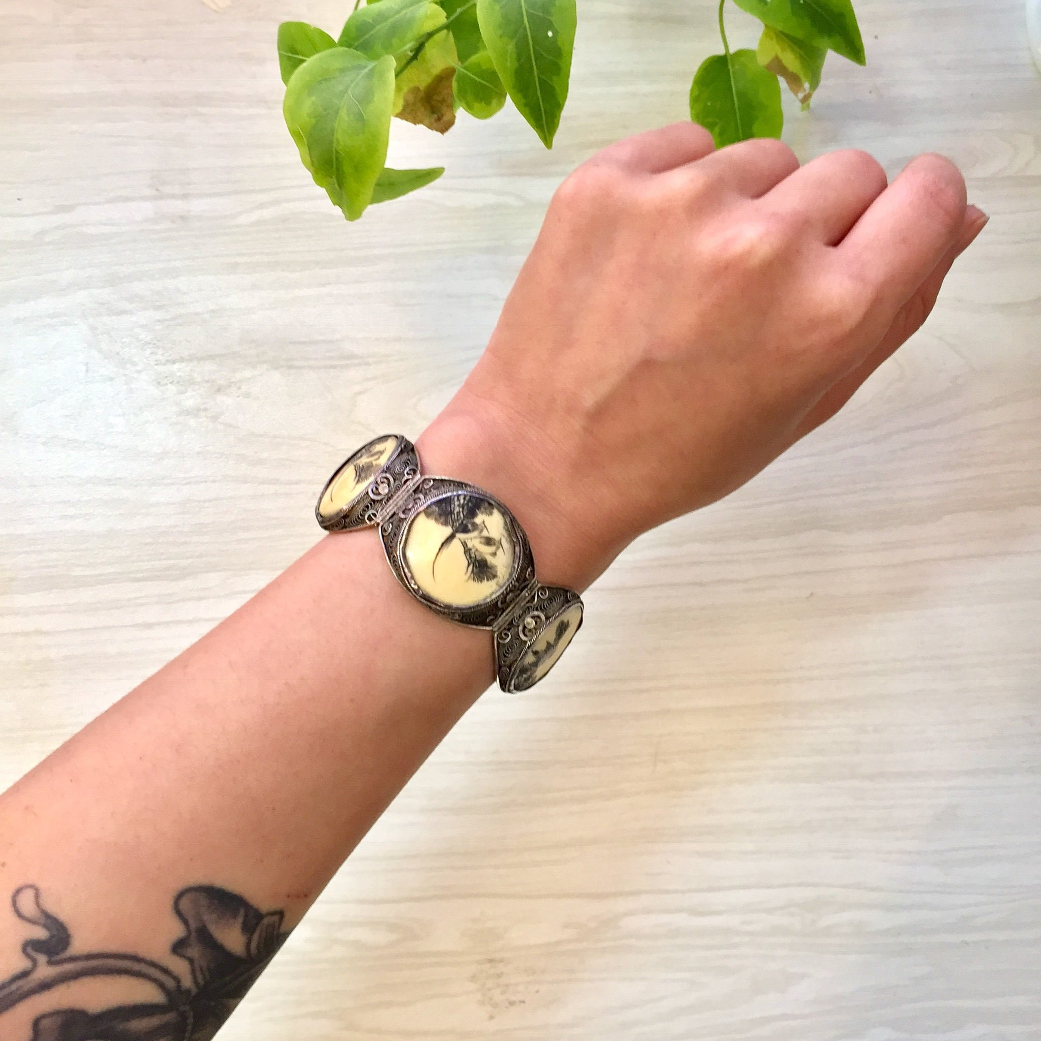 Antique Sterling Silver Filagree Bracelet with Carved Horn | Scrimshaw Bracelet | Hinged Bracelet | Chinese Jewelry | Floral Design | Birds