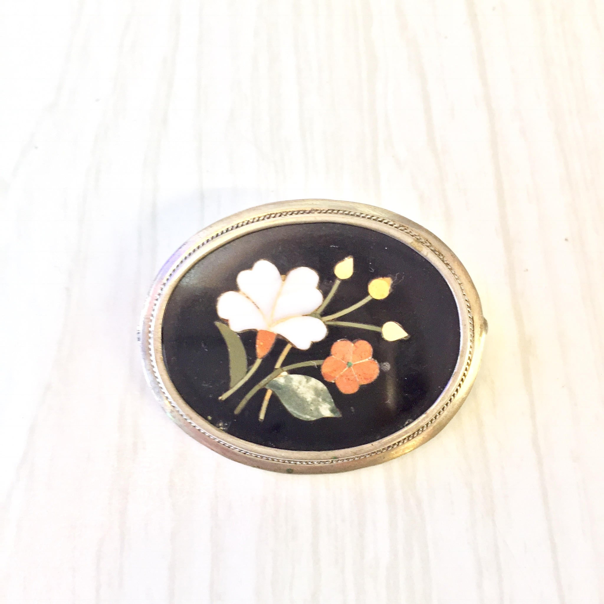 Sterling Silver Pin with Inlaid Natural Stones | Mosaic Stone Brooch | Floral Brooch | Vintage Jewelry | Gift For Her | Pin | Brooch |