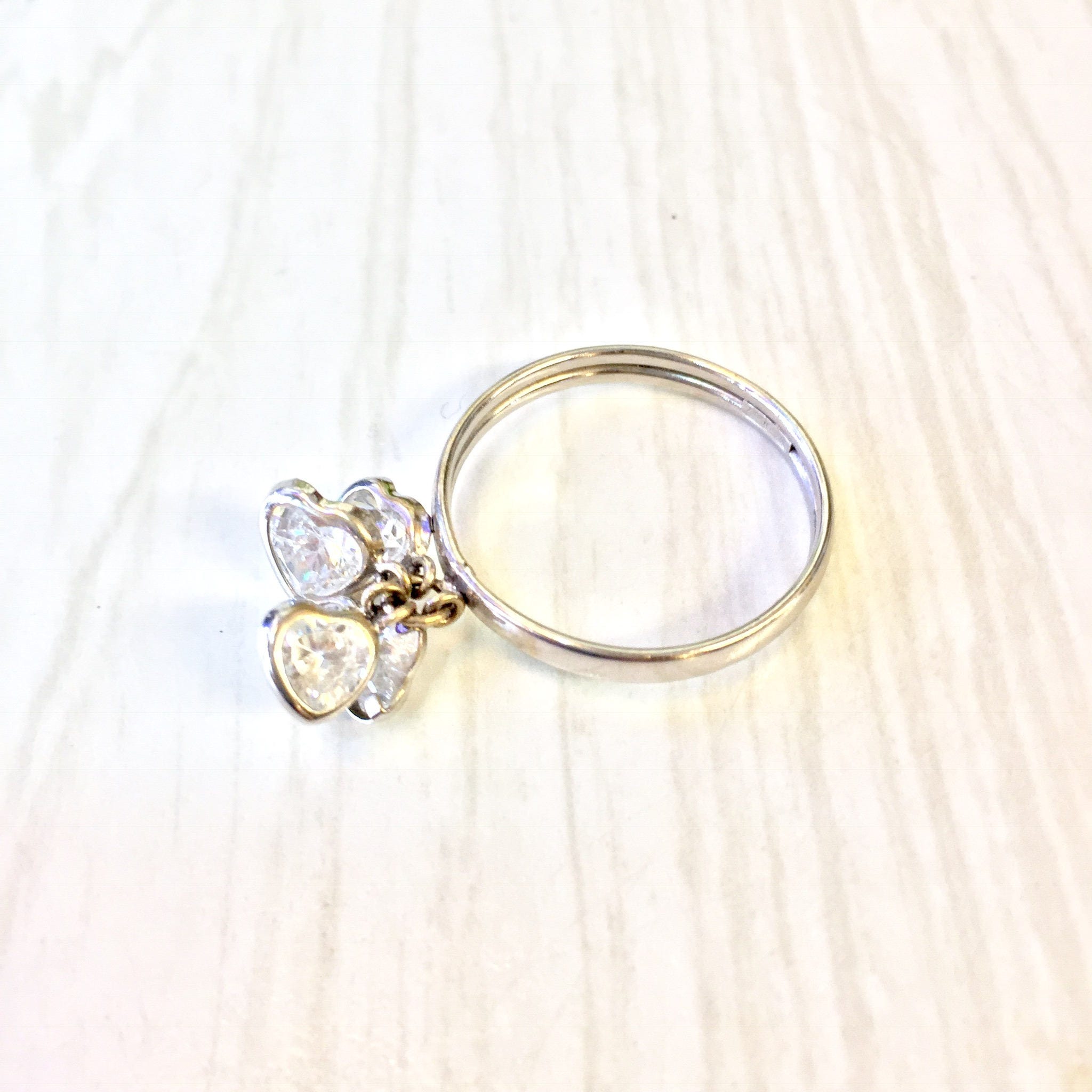 14 Karat White Gold and Cubic Zirconia Heart Ring | Dangling Heart Ring | 14K Gold | White Gold | Hearts | Holiday Gift Idea | Gift for Her