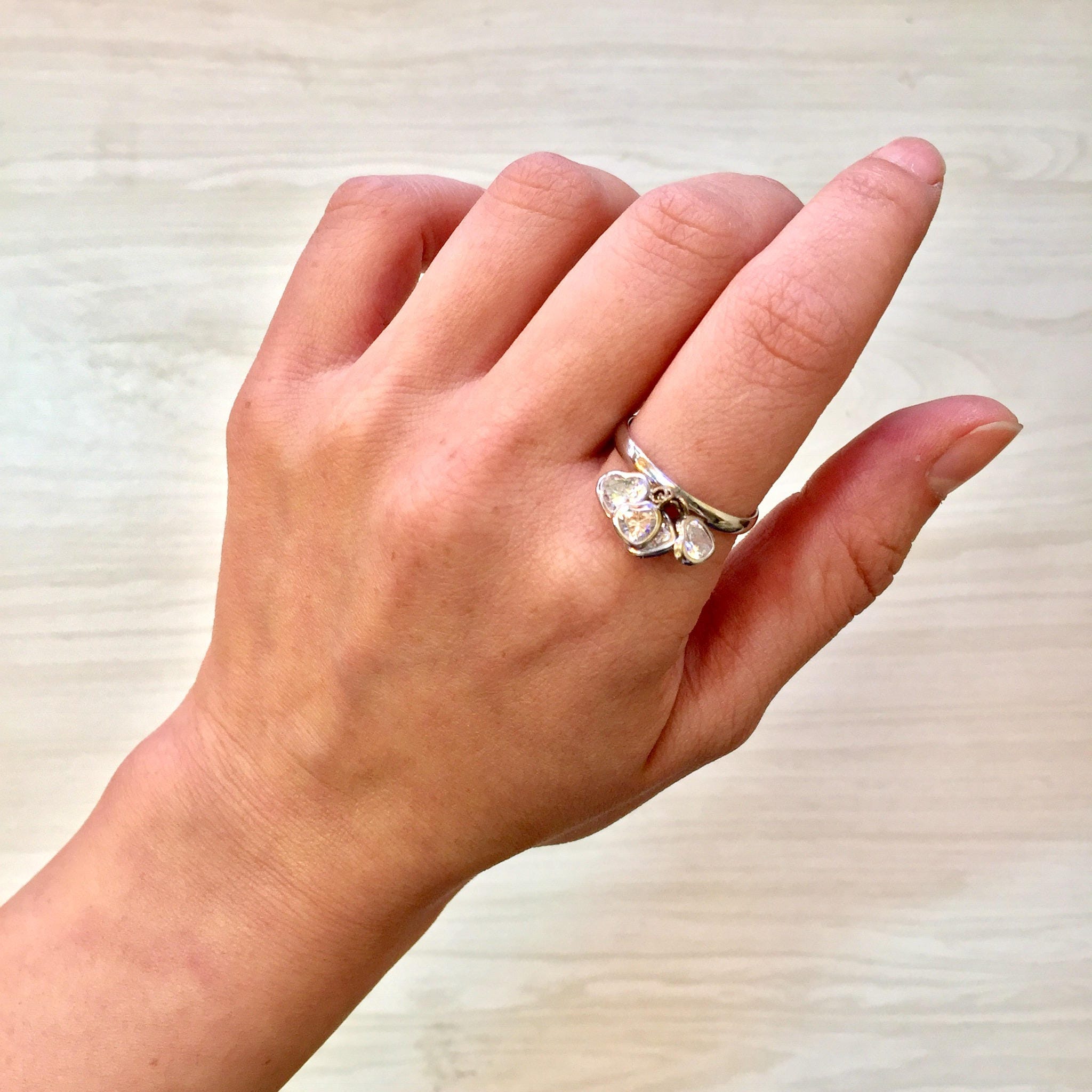 14 Karat White Gold and Cubic Zirconia Heart Ring | Dangling Heart Ring | 14K Gold | White Gold | Hearts | Holiday Gift Idea | Gift for Her