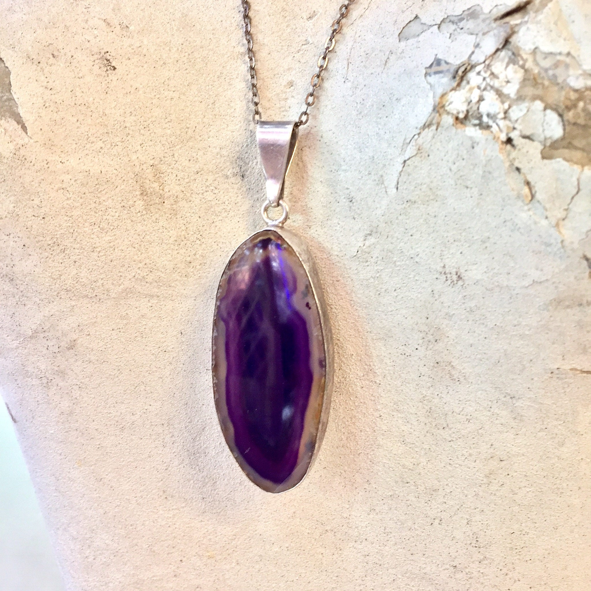 Sterling Silver Purple Agate Pendant | Vintage Pendant | Necklace | Purple | 925 Jewelry | Large Pendant | Gift for Her | Pendant |