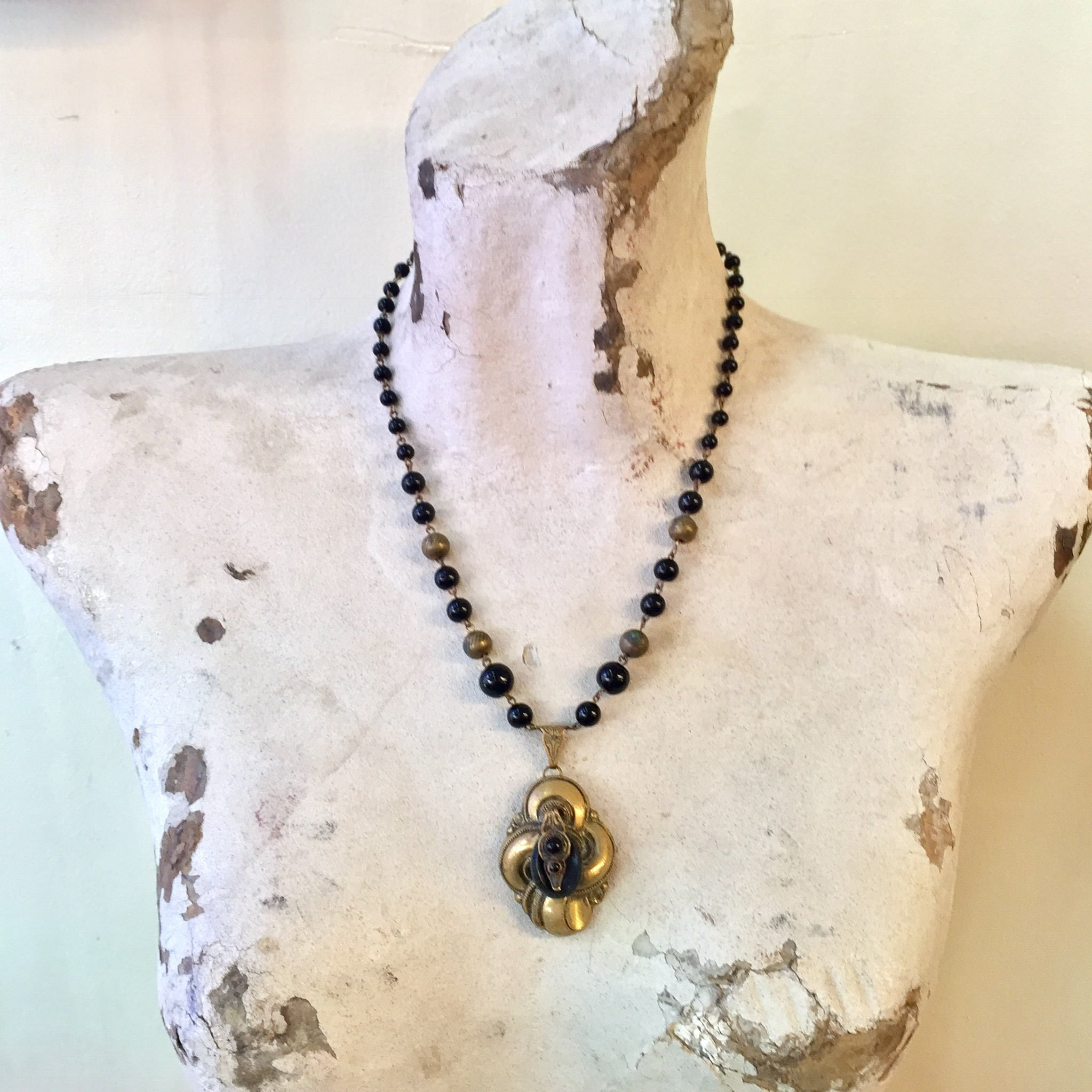 Victorian Art Deco Necklace | Vintage Jewelry | Black Beaded Necklace | Brass Beads | Antique Jewelry | Necklace | Statement Jewelry | Gift