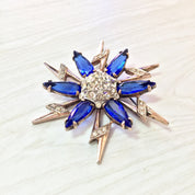 Vintage Art Deco Brooch | Sterling Silver Pin | Starburst Snowflake Shape | Blue Stones | Rhinestones | Silver Jewelry | Lightening Bolt